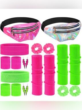 NWT 20 Pcs 80s Neon Leg Warmers Fanny Packs Wristbands Headband Hair Scrunchies